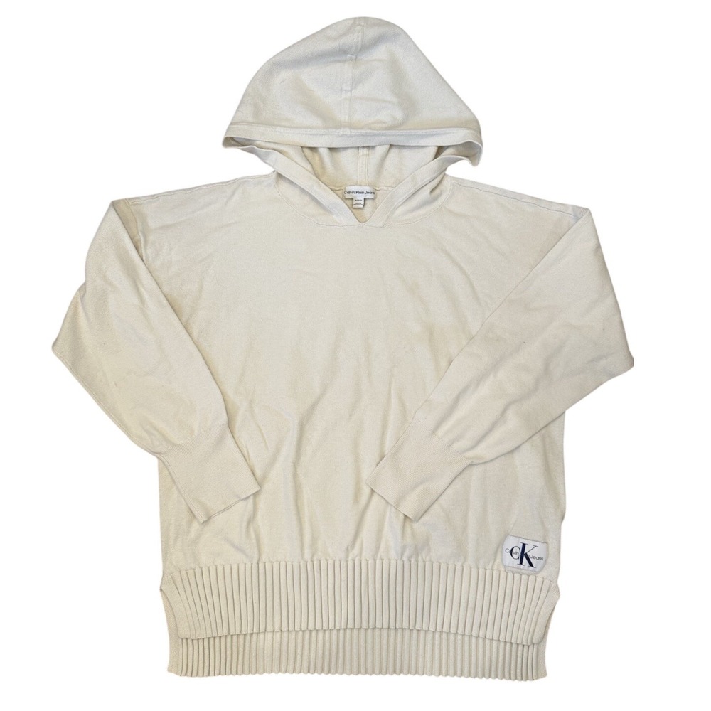 Calvin Klein Jeans Womens Cream Knit Hoodie Sweater XL Oversized Cozy Lounge‎